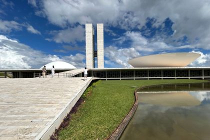 Vista do Congresso Nacional do Brasil, com suas cúpulas e edifícios modernos sob o céu claro.