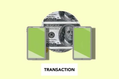 Ilustração isométrica de uma transferência de dinheiro digital entre smartphones.