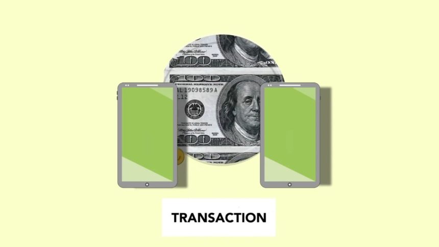 Ilustração isométrica de uma transferência de dinheiro digital entre smartphones.