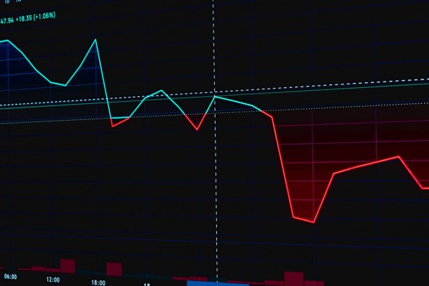 Gráfico digital do mercado acionário com linhas vermelhas e verdes oscilantes, representando variações e volatilidade financeira