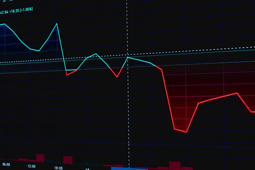 Gráfico digital do mercado acionário com linhas vermelhas e verdes oscilantes, representando variações e volatilidade financeira